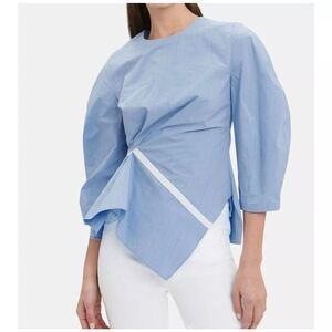 Palmer Harding Top sz US 4/6 Blue Striped Pullover Cotton Asymmetric Puff Sleeve